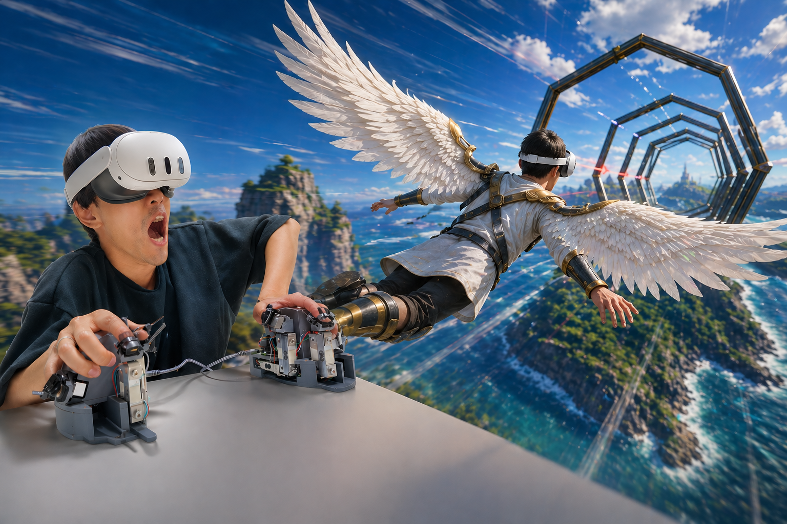 左: 指先力入力デバイス YUBI / 右: トンネル通過評価課題